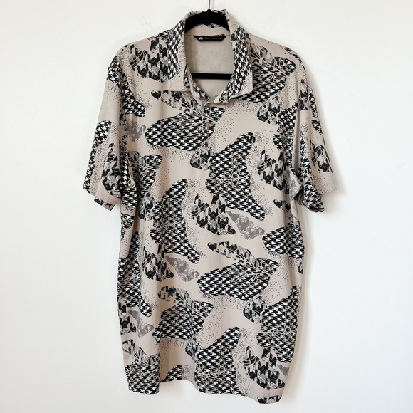 Travis Mathew Mens Short Sleeve Golf Polo Shirt XXL Tan Black White Houndstooth - Picture 2 of 10